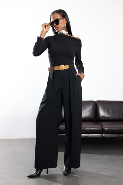 5in1Canpolat Black Belted Palazzo Fabric Trousers 3855