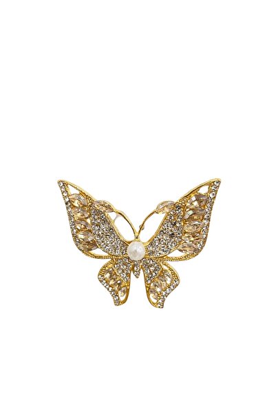 AGAPI Kadın Taşlı İnci Detaylı Kelebek Broş – Altın Renk Zarif Broş