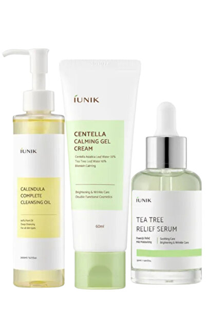iUNIK مجموعة مهدئة لحب الشباب – زيت الكاليندولا + سيروم شجرة الشاي + كريم جل ...