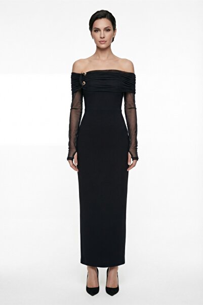 Lafaba Women's Black Collar Accessory Detail Maxi Stylish Dress