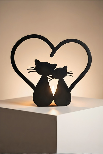Anka Atolye Sevgililer Günü Temalı Işıklı Kedi Çift Heykeli 3D Baskı – Kedi S...