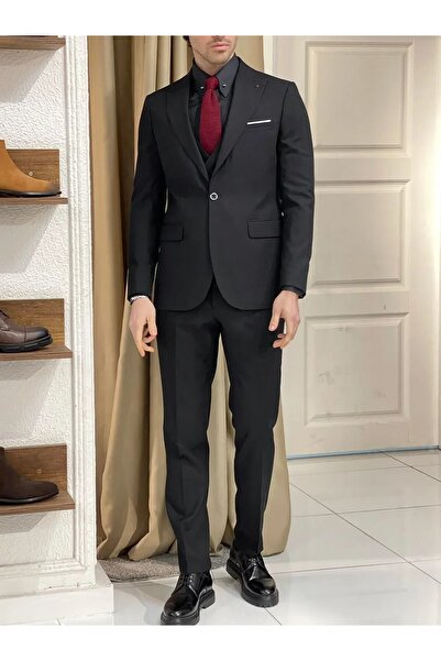 Ayber Men's Collection بدلة رياضية رجالية ضيقة ذات صدرية_أسود