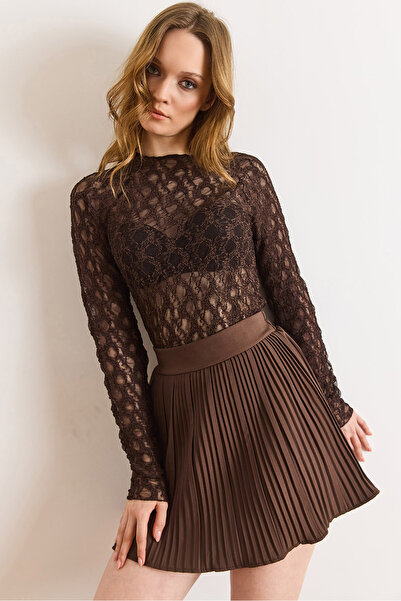 Olalook Women's Brown Transparent Stretch Fabric Lace Blouse Blz-19003200