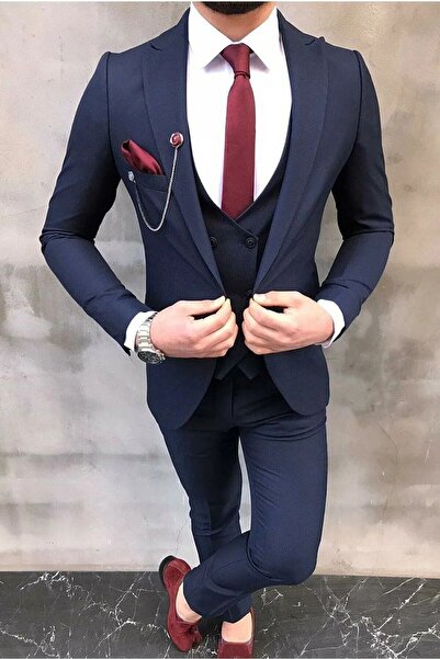 Ayber Men's Collection Men's Vest Set Sports Slim Fit Suit_Dark Blue