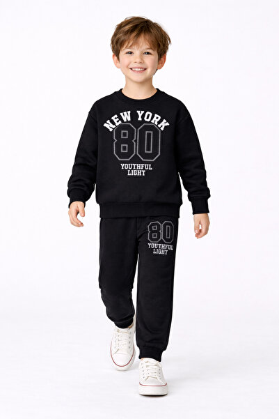 Beka Kids Boy's Black Printed Two Thread Comfortable Tracksuit Set
