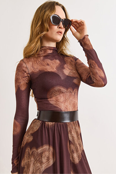 Olalook Women's Brown Shawl Pattern Mock Neck Tulle Blouse Blz-19003198