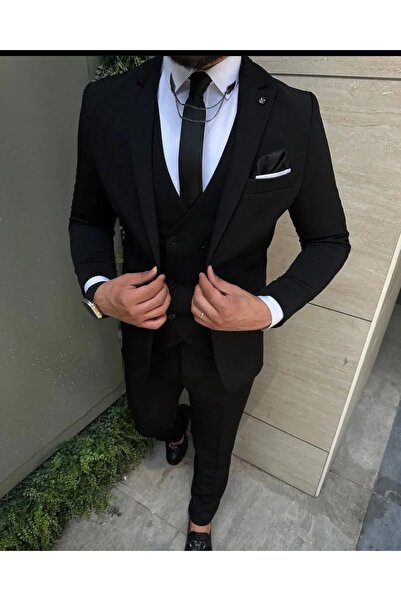 Ayber Men's Collection بدلة رياضية رجالية ضيقة ذات صدرية_أسود