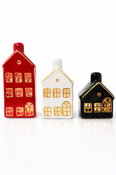 MAMALİZA 3’lü El Yapımı Seramik Ev Mumluk Seti – Gold Detaylı Dekoratif Mumlu...