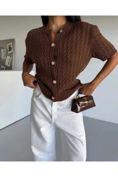 EKİN DEMİR Short Sleeve Hair Knit Model Crew Neck Cardigan