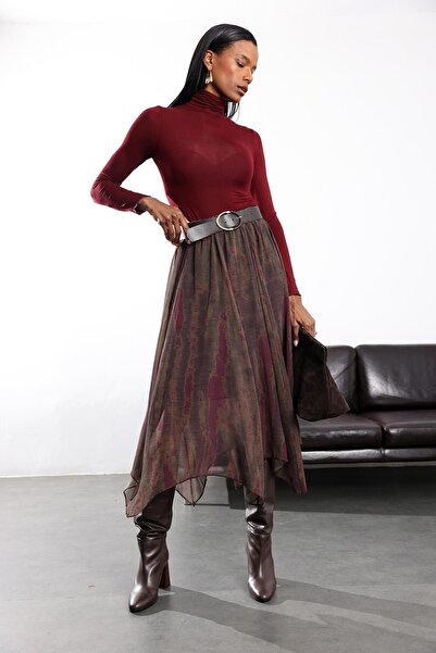 5in1Canpolat Burgundy Patterned Asymmetrical Cut Chiffon Skirt 22756