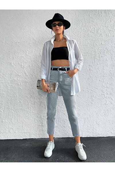 KENE JEANS Double Button Belt with Ribbed Detail Mom Jeans