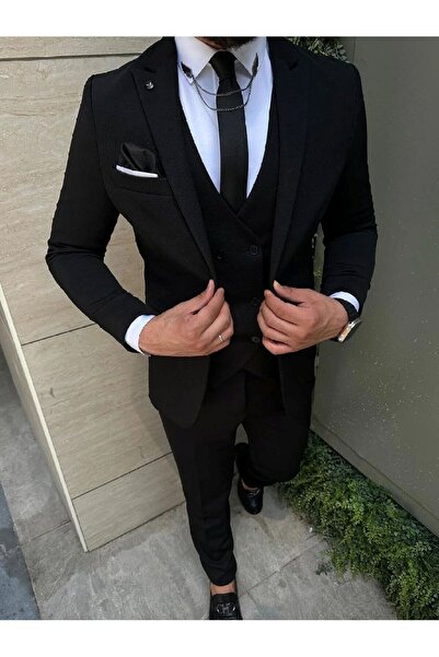 Ayber Men's Collection بدلة رياضية رجالية ضيقة ذات صدرية_أسود