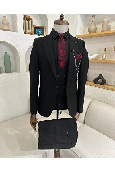 Ayber Men's Collection بدلة رياضية رجالية ضيقة ذات صدرية_أسود