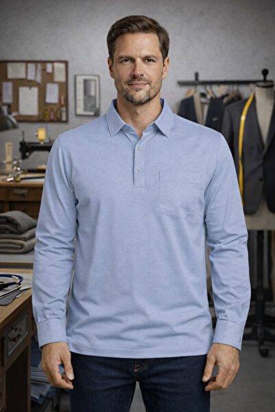 YAKAMEL تي شيرت رجالي من القماش الفاخر ذو ياقة وأكمام طويلة