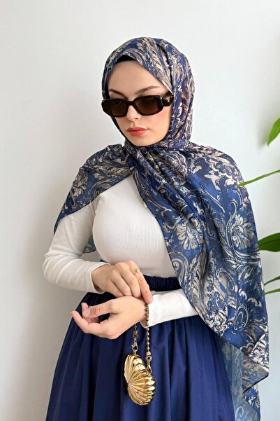 poplin LACİVERT KREM EBRULİ DESEN ŞAL