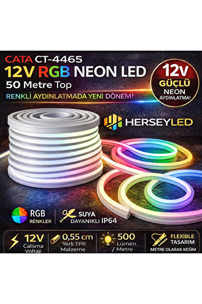Cata CT-4465 12V RGB NEON LED ( 5x12mm ) IP64 Dış mekan - 50MT TOP FİYATIDIR