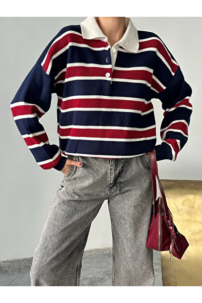 Trend Marfa Striped Shirt Collar Knitwear Sweater