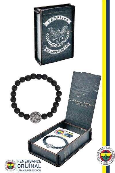 Fenerbahçe Original Licensed Fb Logo Matte Onix Natural Stone Bracelet with G...