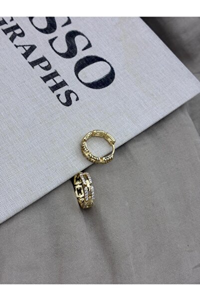 Hedef Bijuteri Gold Color Chain Detailed Zircon Stone Hoop Earrings Cm98