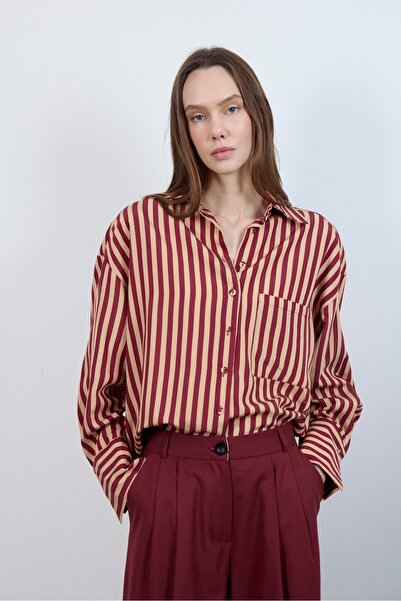 NEW JOURNAL قميص نسائي مخطط باللون العنابي والجملي PER4969