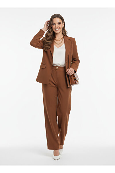 NEW JOURNAL سترة بليزر نسائية باللون البني بنطلون واسع الأرجل طقم PER9478