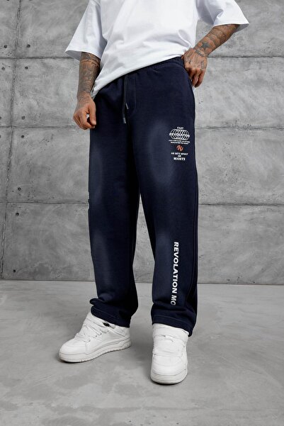 NOMARC Navy Blue Printed Detail Baggy Trackpants