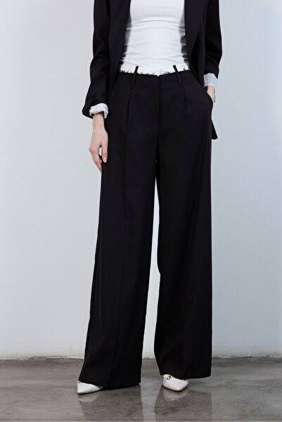 NEW JOURNAL Pantaloni negri Poly viscoză din material tip stofă pentru femei,...