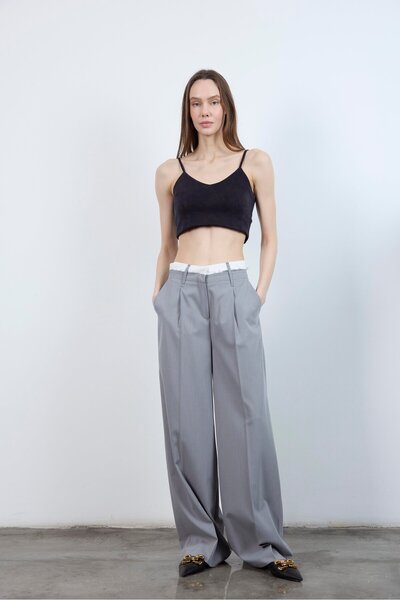 NEW JOURNAL Pantaloni de damă gri deschis Poly viscoză din material tip stofă...