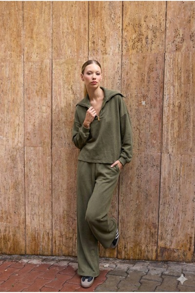 NEW JOURNAL Γυναικείο Χακί Γιακάς με μισό φερμουάρ Oversize Σετ πάνω-κάτω PER...