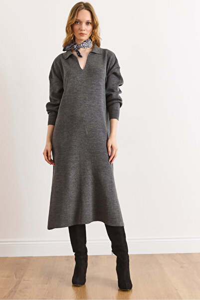 Olalook Women's Anthracite Polo Neck Midi Knit Dress Elb-19002582