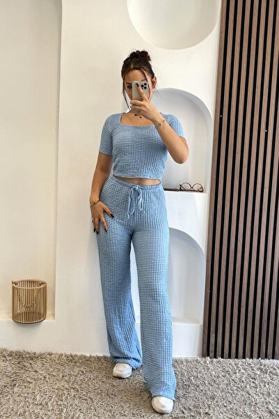 Noa&Noa Bel Ayarlamalı Bol Paça Gofre Pantalon - Bebe Mavi Bebe Mavi