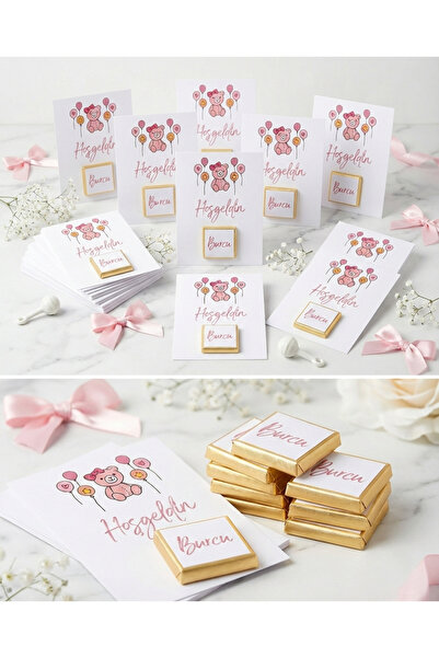 Runrux Kişiye Özel İsimli Kız Bebek Çikolatası 20 Adet - 9x12 cm Kartlı Hoşge...