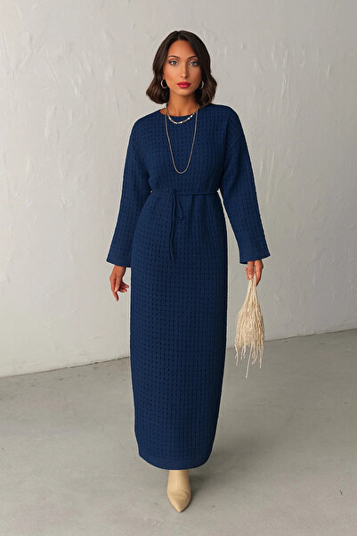 nosia fashion Women's Lined Belted Long Mesh Detailed Dress