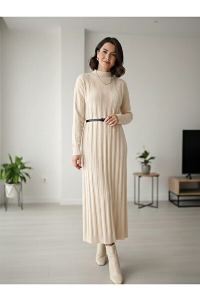 MONJER Rahat Kalıp Yarım Balıkçı Fitilli Triko Elbise (Kemer Dahil Değildir)