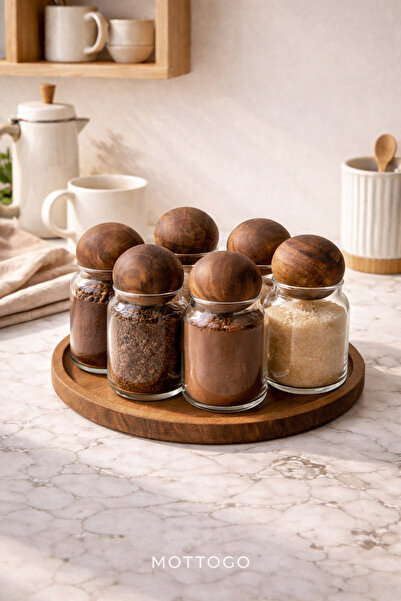 Mottogo Acacia Lid Glass Spice Jar Set of 6 – with Wooden Presentation Plate,...