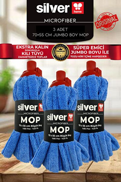 SİLVER HOME Mavi Mop Başlığı 3 Adet Mikrofiber Büyük Boy 70×55 cm Kıl Tüy Top...