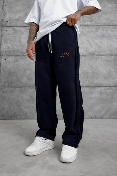 NOMARC Navy Blue Enjoy Printed Striped Detail Baggy Trackpants