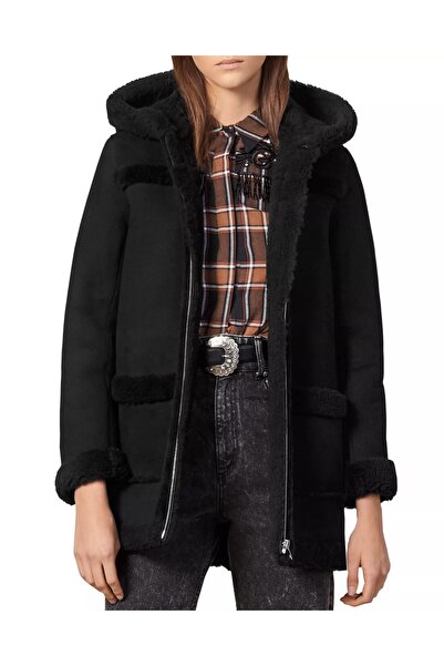 SANDRO Meron Real Sheep Shearling-Trimmed Suede Coat