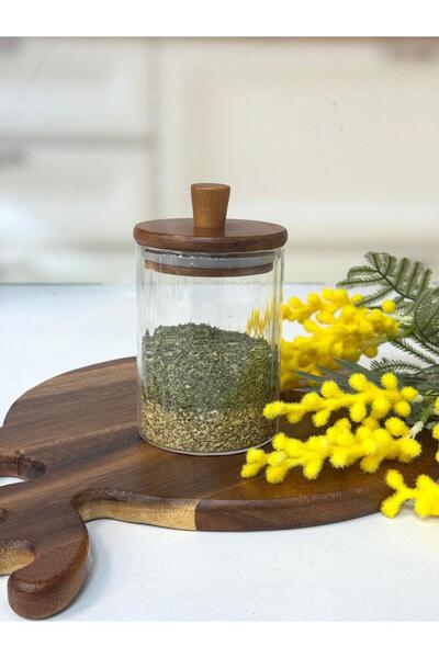 MİEN Acacia Lid Glass Striped Jar 330 ml Tkebt Transparent