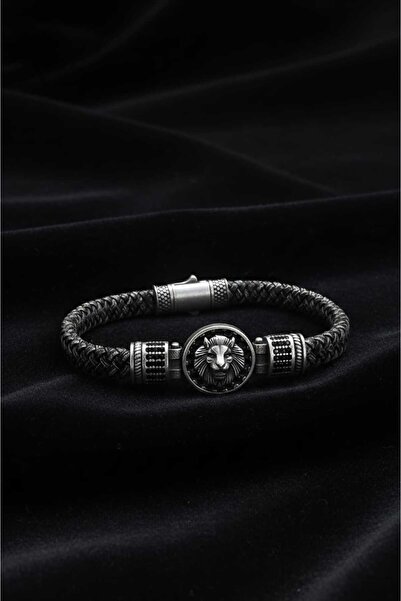 Beksy Accessory Aslan Figürlü Erkek Deri Bileklik Boy 20cm Çap 6cm – Gri Örgü...