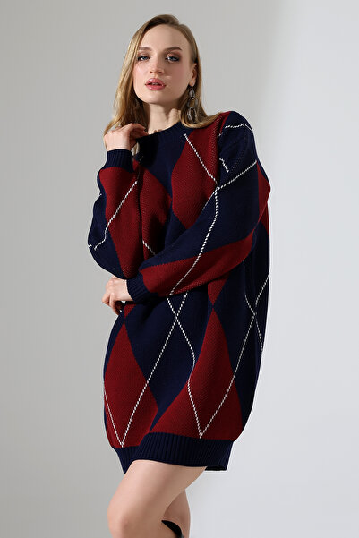 Devinka Women's Crew Neck Baklava Pattern Oversized Knitwear Dress