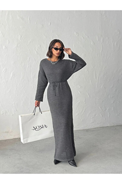 nosia fashion Women's Lined Belted Long Mesh Detailed Dress