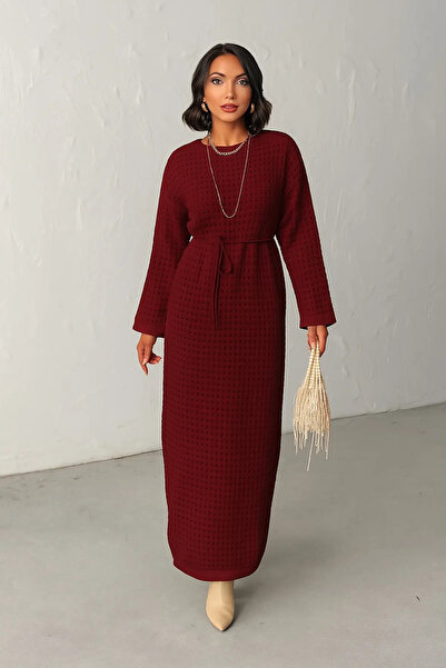 nosia fashion Women's Lined Belted Long Mesh Detailed Dress