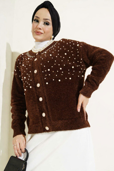 Tesettür Diyarı Vanisa Pearl and Stone Plush Cardigan - Brown Standard (36-42...