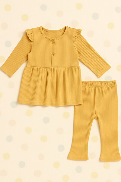 Bebelul Set Fetite Rib Mustar Bluza Volanase Pantaloni Elastici