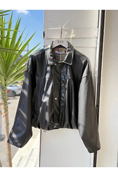 ZARİF STOREE Women's Plaid Leather Bomber Jacket