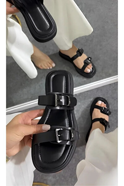 timur örme Kadın Siyah Cilt Tokalı Terlik