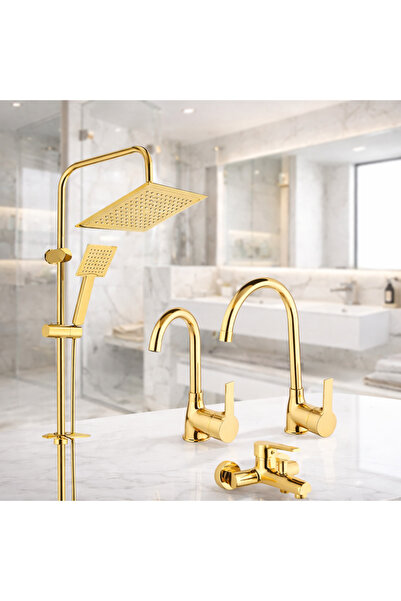 RocciArmatur Gold Altın Yağmurlama Tepe Duş Seti Mutfak Lavabo 4'Lü Batarya M...