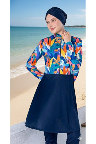 ROZAMAY Costum de baie hijab cu fermoar pe jumătate material elastic