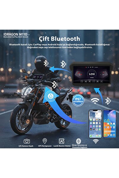 idragon M11D 5" Su Geçirmez Motosiklet CarPlay & Android Auto Ekranı - Lastik...